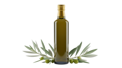 Isolated bottle of olive oil with olives and olive leaves, for healthy lifestyle and diet