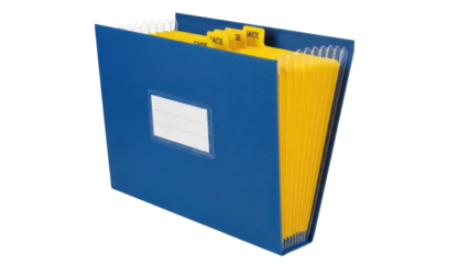 Isolated blue expanding file folder with yellow dividers, office supplies, organizing