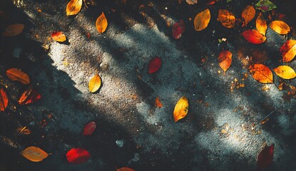 Autumn Leaves on Concrete Path with Shadows and Sunlight