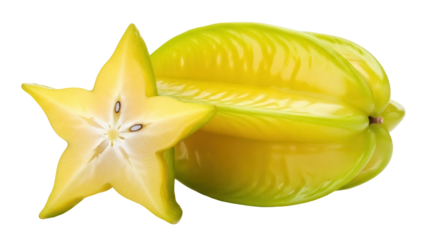 Isolated, close up of yellow starfruit or carambola fruit, one slice and one whole star fruit