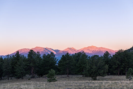 View of rugged mountain peaks kissed by the warm glow of the setting sun, framed by a dense forest and golden grasses, Buena Vista, Colorado, United States.