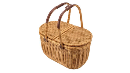 Isolated, woven picnic basket with hinged lid, for outdoor dining, made of wicker, close up