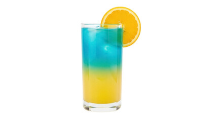 Isolated glass with a layered tropical beverage and orange slice for the perfect drink