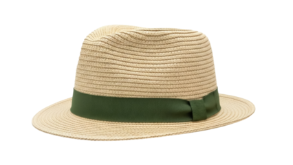 Isolated straw fedora hat with green ribbon, summer accessory, fashion statement item