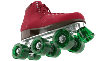Isolated classic roller skate, red shoe, clear green wheels, toe stop for retro skating fun