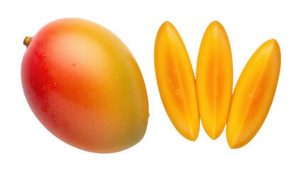 Isolated mango fruit with juicy slices ready to eat healthy treat vitamin tropical food