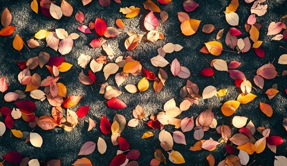 Colorful Autumn Leaves Scattered on Dark Background, Seasonal Foliage Pattern