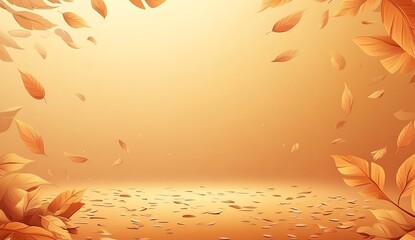 Golden Autumn Leaves Falling, Orange Background with Floating Foliage, Seasonal Change Concept