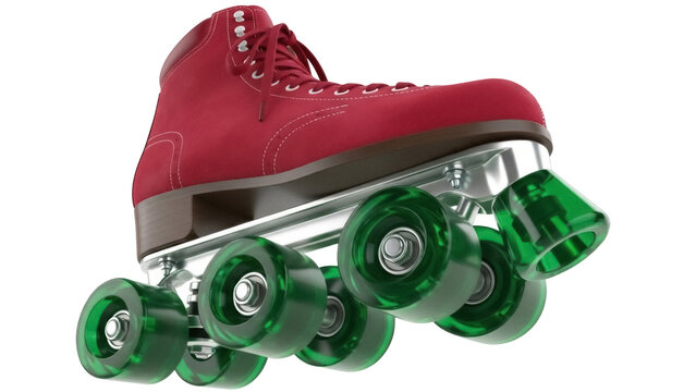 Isolated classic roller skate, red shoe, clear green wheels, toe stop for retro skating fun