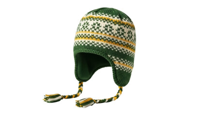 Isolated handmade green and gold knitted winter hat with ear flaps and braided tassels