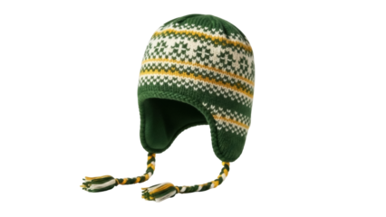 Isolated handmade green and gold knitted winter hat with ear flaps and braided tassels