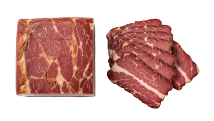 Isolated block of pastrami and slices of pastrami meat on display for culinary purposes