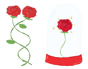 a red rose in glass dome and a pair of intertwined roses, isolated on a white background, symbolizing beauty and enchantment Valentine vector