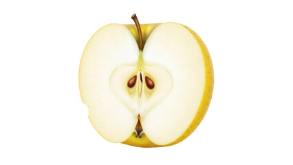 Isolated half of a Golden Delicious apple with stem and seeds, inside view of the apple fruit