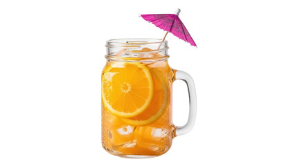 Isolated beverage in mason jar with orange slices and pink cocktail umbrella, summer drink