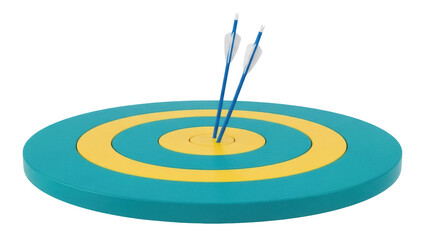 Isolated Archery target with arrows, blue and yellow colors, bullseye hit, close-up view