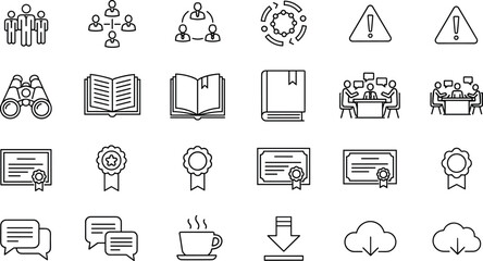 Business and Education Line Icon Set Featuring Teamwork, Leadership, Certificates, Books, Binoculars, Warning Signs, Meeting Discussions, Cloud Downloads, and Coffee Break