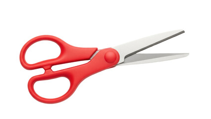 Isolated pair of scissors on a plain surface, red handles with stainless steel blades