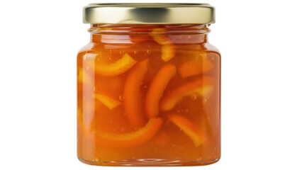 Isolated preserved fruit jar with golden lid and orange slices preserves on clear container