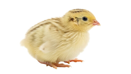 Isolated Quail chick bird stands attentively in soft light, cute farm animal with beautiful feathers