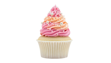 Isolated cupcake with pink and peach swirl frosting, adorned with pearls and tiny sprinkles