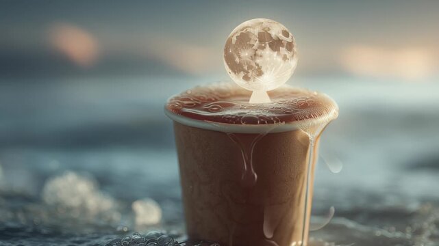 coffee to go cup with floating moon inside, surreal dreamy stock concept 