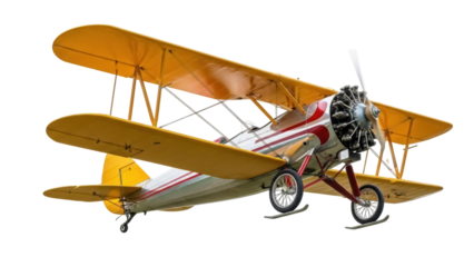 Isolated vintage biplane with yellow wings for transportation or recreation on display now