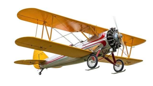 Isolated vintage biplane with yellow wings for transportation or recreation on display now