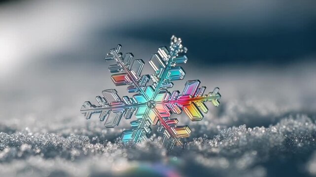 An iridescent rainbow-colored snowflake resting on glittering frost.