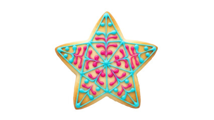 Isolated holiday sugar cookie in star shape with turquoise and pink icing design, no background