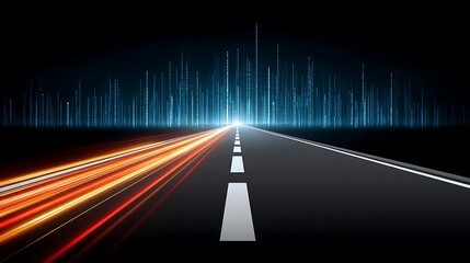 Futuristic Digital Roadway with Light Trails Illuminating Night Sky
