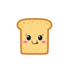 Cute toast, sliced bread, fun character cartoon, big eyes, happy smiling face, kawaii style, breakfast symbol, flat vector illustration.