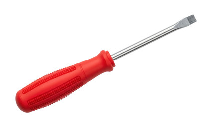 Isolated slotted screwdriver with red handle, flathead construction, industrial tool object