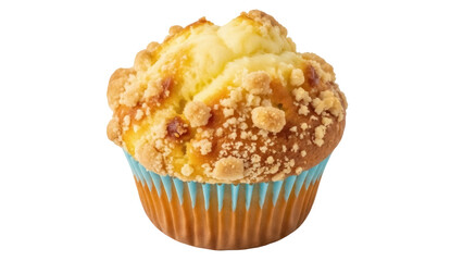 Isolated delicious crumb muffin in blue paper liner ready to eat, bakery confections
