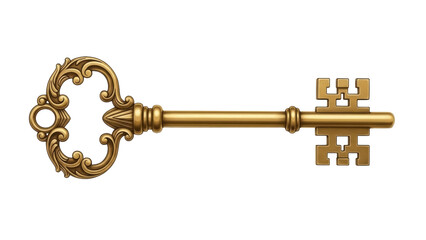 Isolated ornate antique key, intricate lock mechanism, vintage gold metal, elegant design