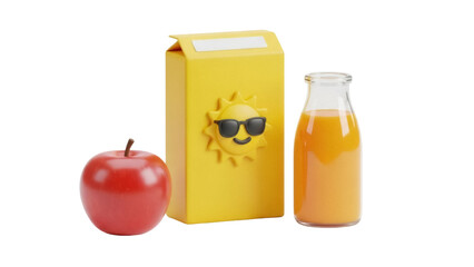 Isolated image of an apple, yellow juice box and bottle of juice, healthy lifestyle theme
