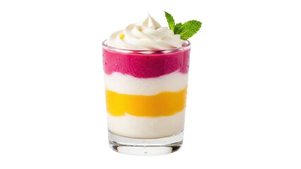 Isolated dessert in a glass with layers of custard, fruit and whipped cream topping
