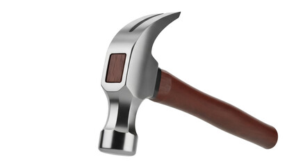 Isolated view of a modern silver claw hammer tool with brown wood handle used for construction