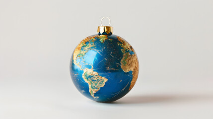 Decorative Christmas ornament shaped like planet Earth, isolated on white background, symbolizing global holidays, unity, travel, and sustainability.