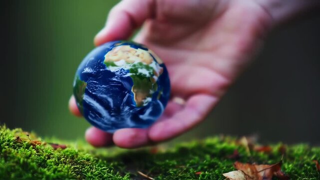 hand holding globe, on the ground