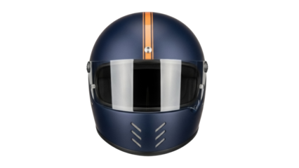 Isolated Full-face blue motorcycle helmet with orange stripe for rider safety and style
