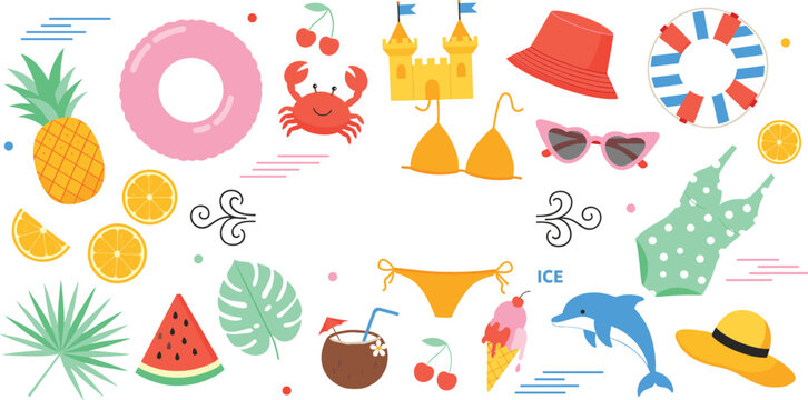 Summer Vacation Icon Set with Beach Accessories Fruits Swimwear and Fun Elements in Colorful Flat Vector Illustration