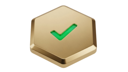 Isolated golden hexagon checkmark icon representing approval, positive feedback and validation