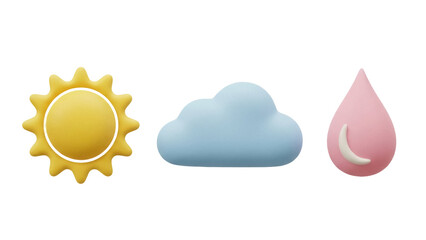 Isolated Weather Icons, Yellow Sun, Blue Cloud, and Pink Rain Drop, Forecast Elements