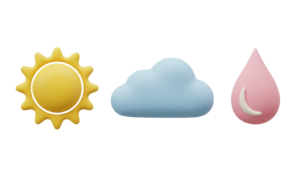 Isolated Weather Icons, Yellow Sun, Blue Cloud, and Pink Rain Drop, Forecast Elements