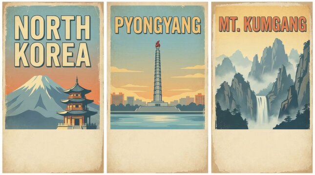 retro travel north korea poster set with three coordinated designs