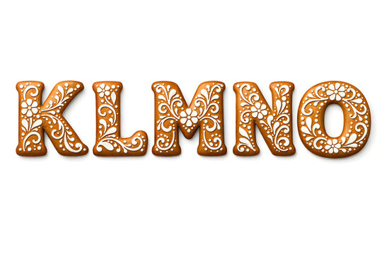 Gingerbread letters k, l, m, n, o decorated with white royal icing in a floral pattern, isolated on white background