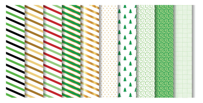 Set of green and gold Christmas seamless patterns with stripes