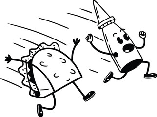 Funny Taco Running from Hot Sauce Bottle Chase Scene Vintage Vector