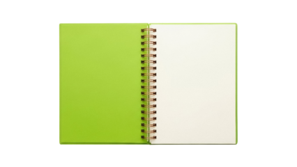 Isolated open notebook with blank pages, green cover and bronze spiral binder ready for your design